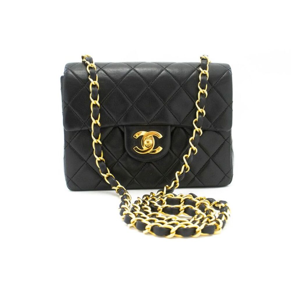 Chanel Vintage Square Classic Flap Quilted Lambskin Black Leather Shoulder Bag